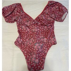 LoveShackFancy Puffed Sleeve Floral One Piece - Maroon & Pink - Small - $199
